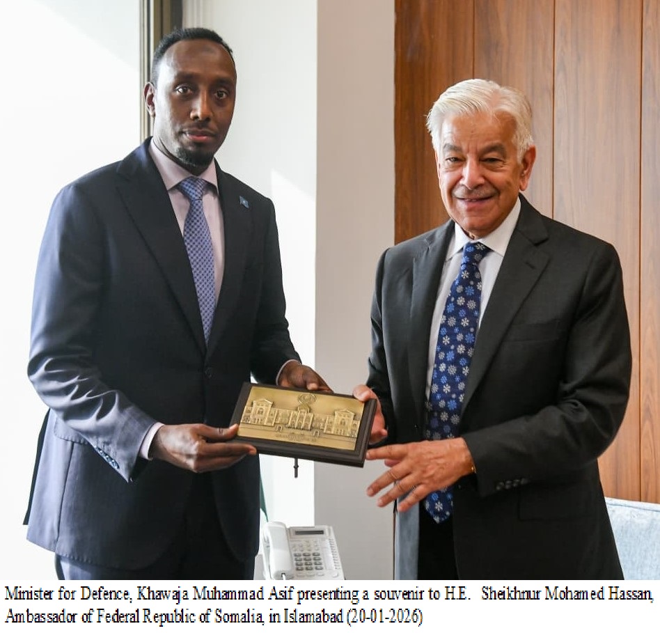 H.E. Sheikhnur Mohamed Hassan, Ambassador of the Federal Republic of Somalia, called on Defence Minister Khawaja Muhammad Asif on 20th January, 2026